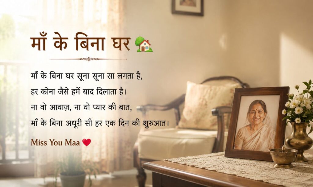 Maa Ke Bina Ghar , miss you maa shayari in hindi🏡 (माँ के बिना घर)